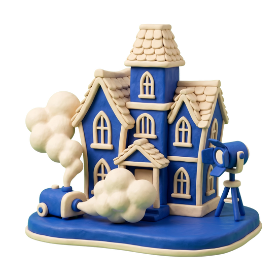 Haunted house illustration in blue and ivory clay