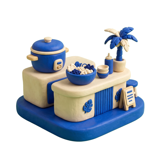 Hawaiian restaurant illustration in blue and ivory clay