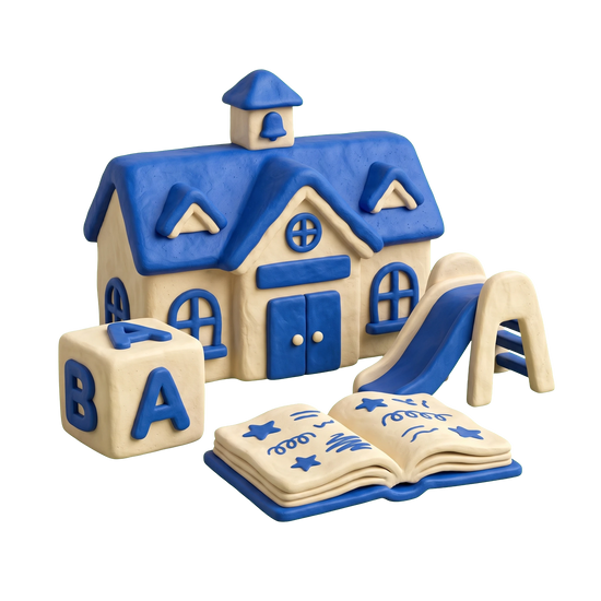 Head start center illustration in blue and ivory clay