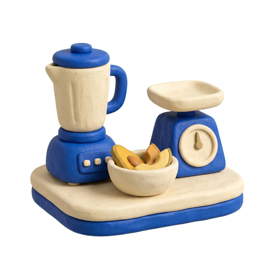 Health food restaurant illustration in blue and ivory clay