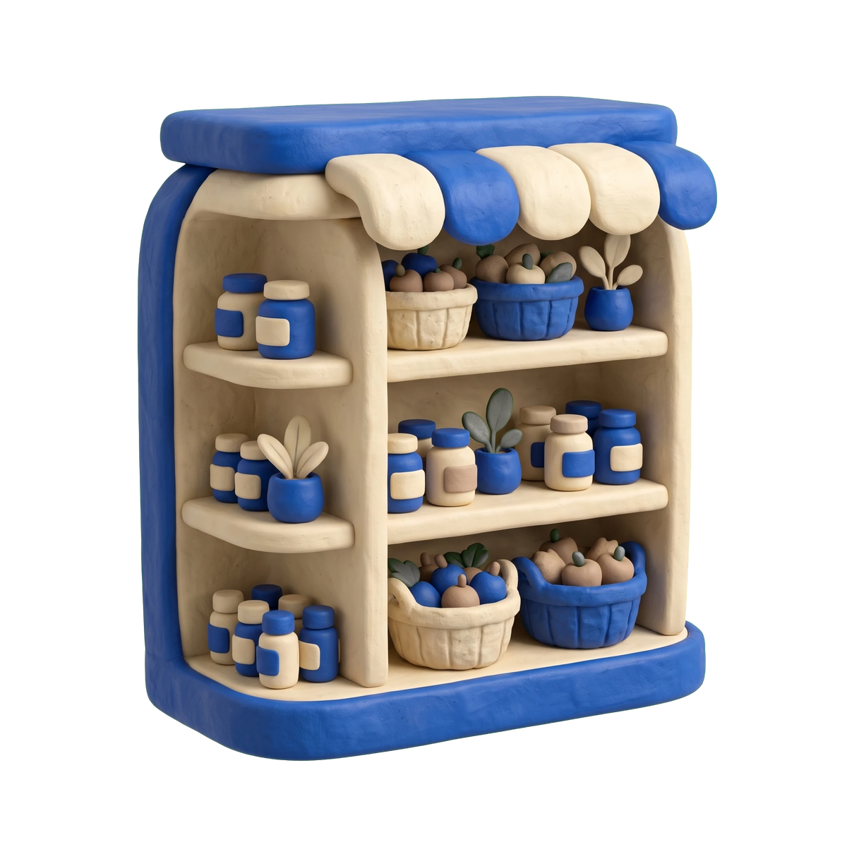 Health food store illustration in blue and ivory clay