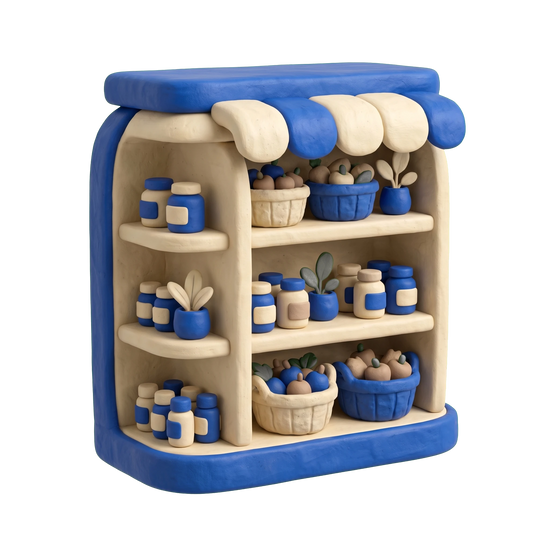 Health food store illustration in blue and ivory clay