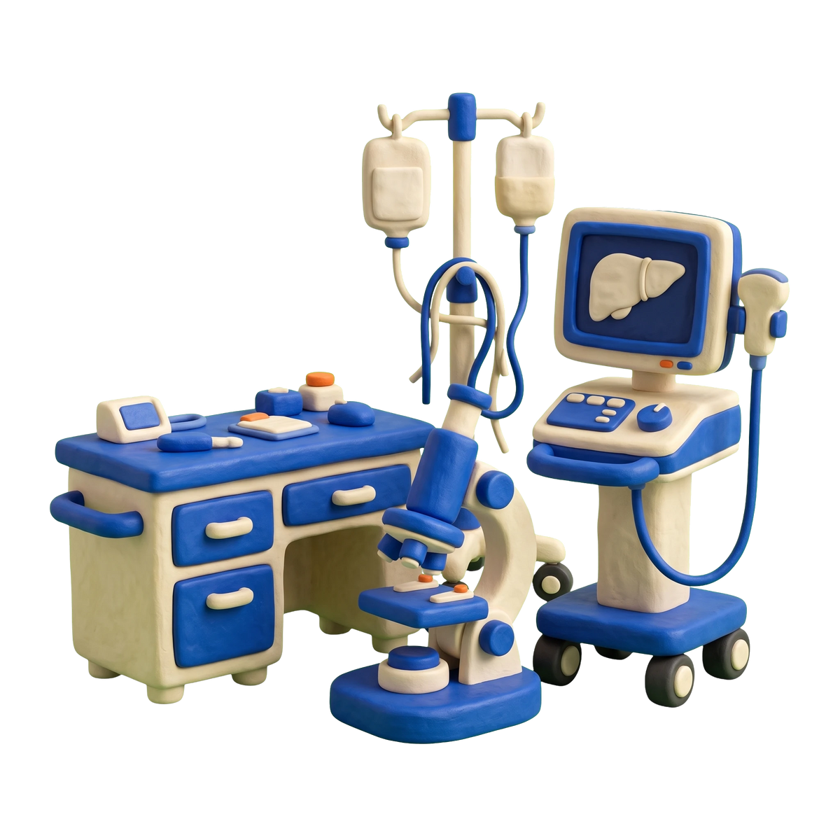 Hepatologist illustration in blue and ivory clay