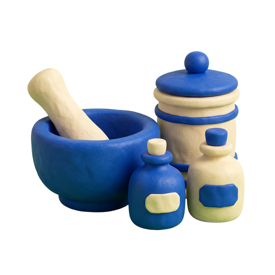 Herbal medicine store illustration in blue and ivory clay