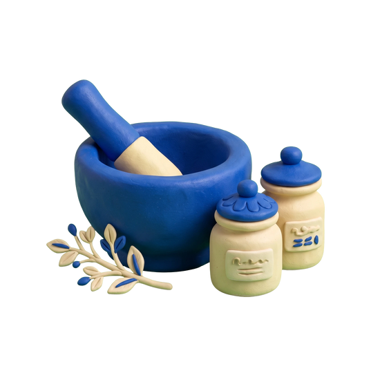 Herbalist illustration in blue and ivory clay