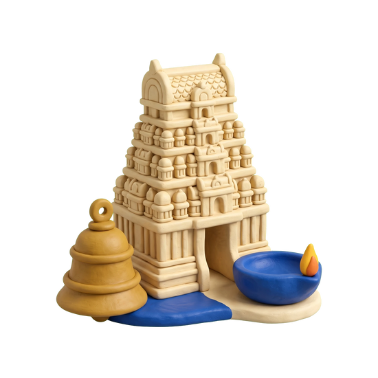 Hindu temple illustration in blue and ivory clay
