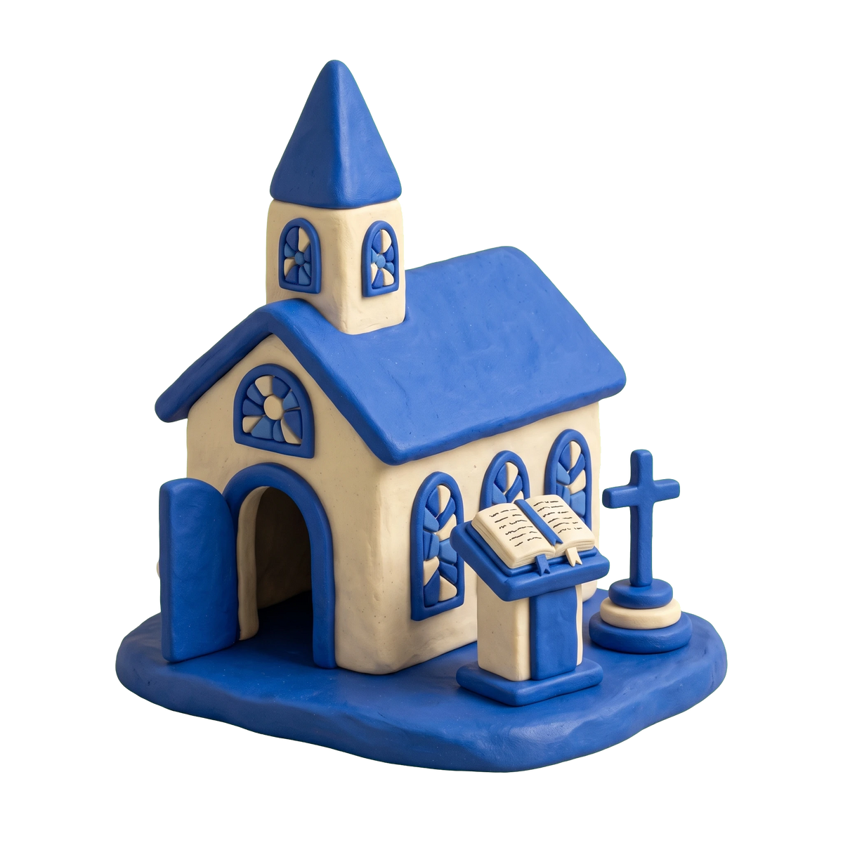 Hispanic church illustration in blue and ivory clay