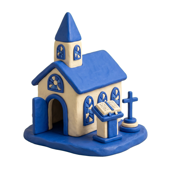 Hispanic church illustration in blue and ivory clay