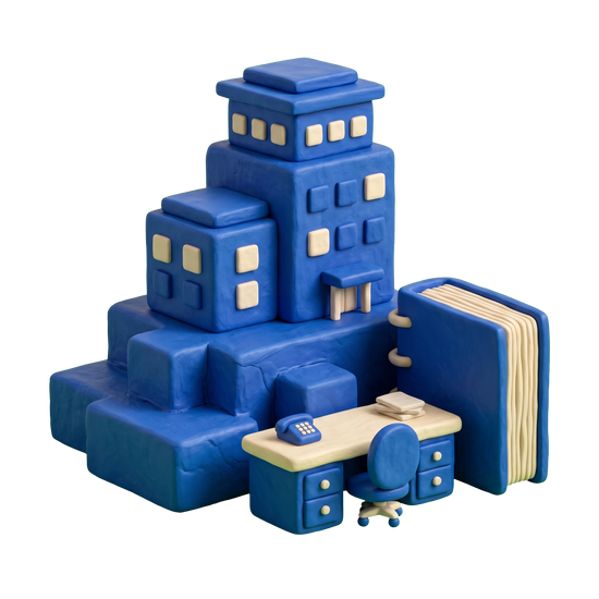Holding company illustration in blue and ivory clay