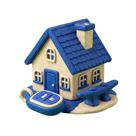 Holiday home illustration in blue and ivory clay