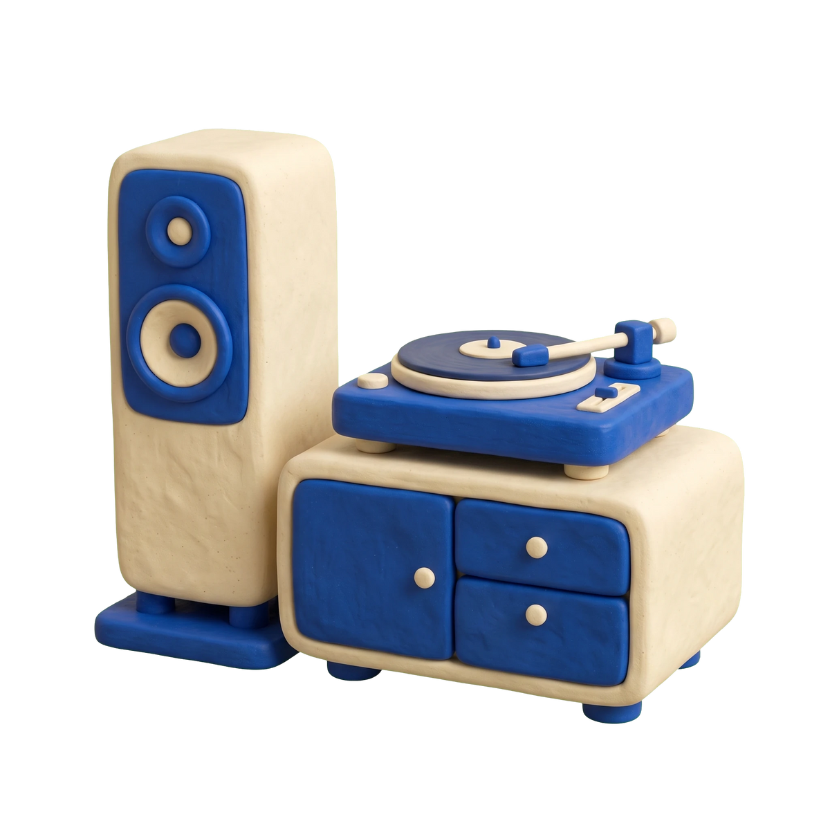 Home audio store illustration in blue and ivory clay