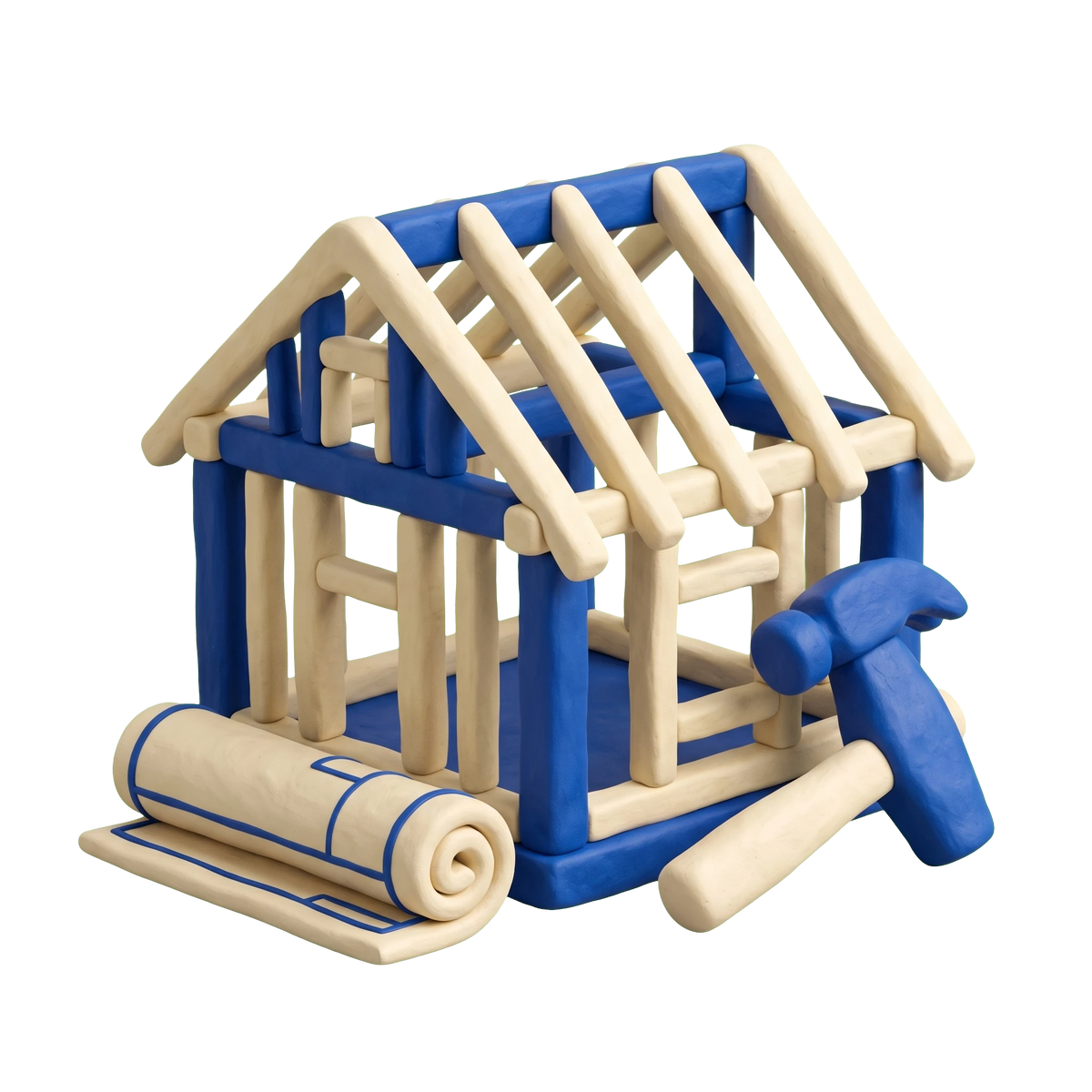 Home builder illustration in blue and ivory clay