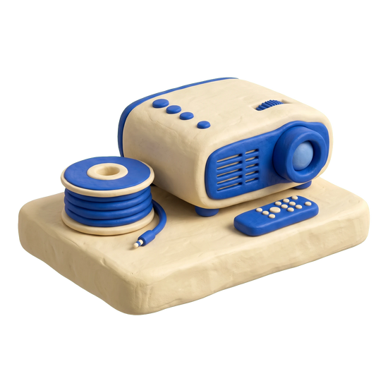 Home cinema installation illustration in blue and ivory clay