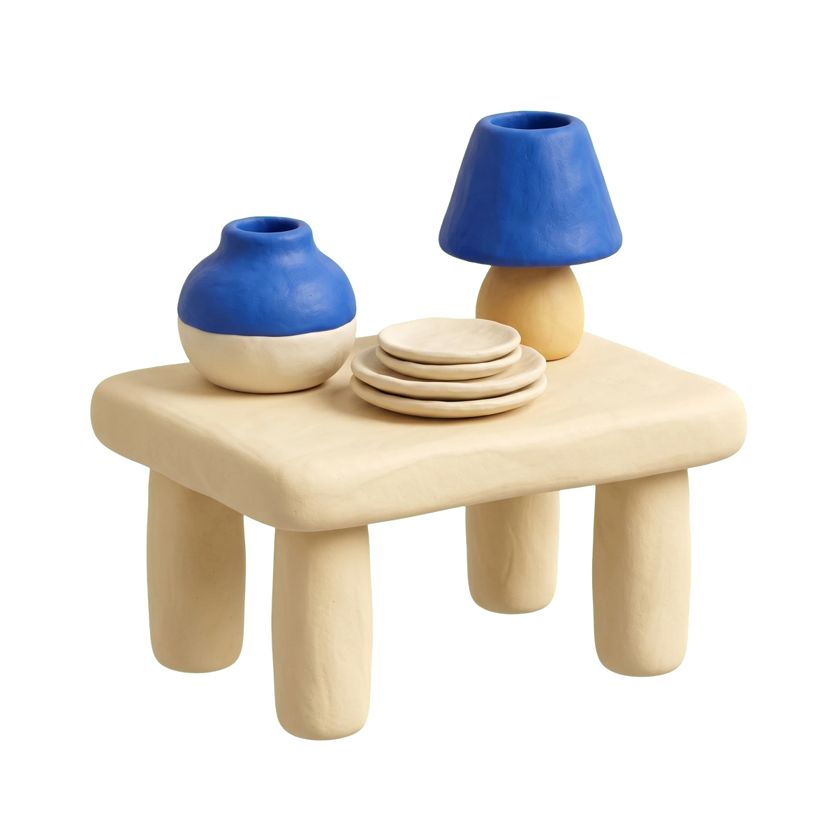 Home goods store illustration in blue and ivory clay