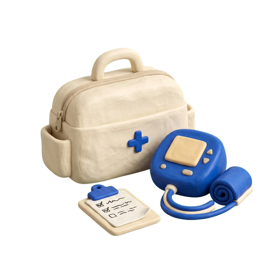 Home health care service illustration in blue and ivory clay
