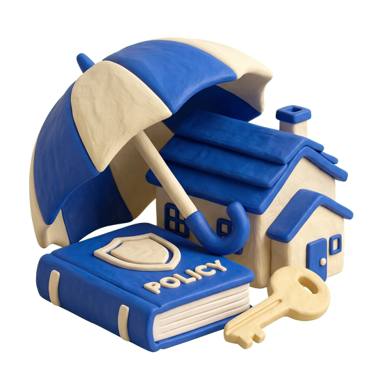 Home insurance agency illustration in blue and ivory clay