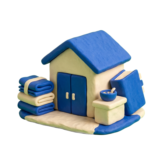 Homeless shelter illustration in blue and ivory clay