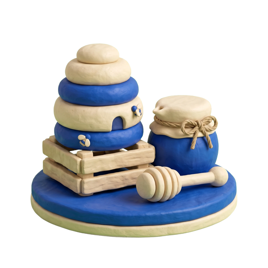 Honey farm illustration in blue and ivory clay