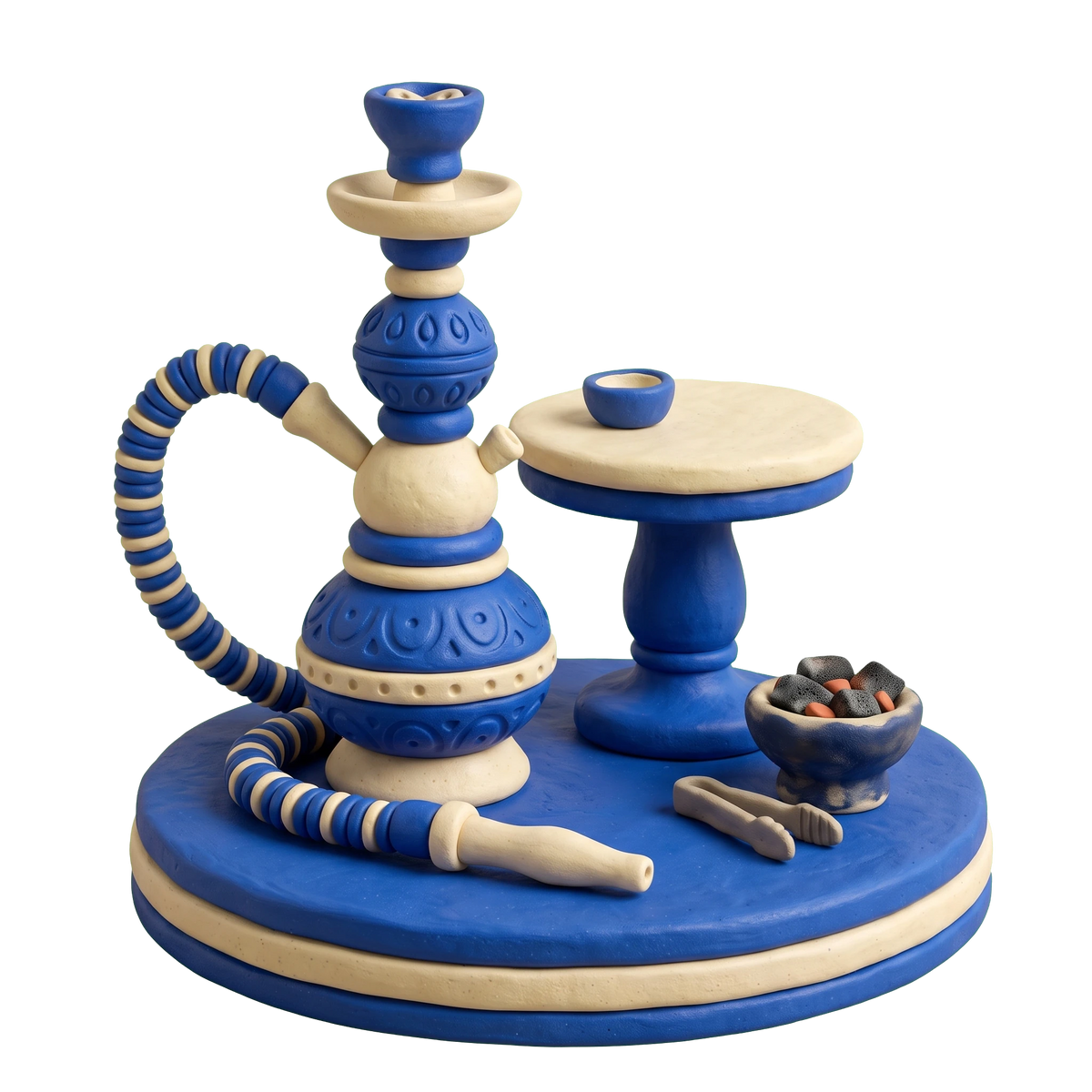 Hookah bar illustration in blue and ivory clay