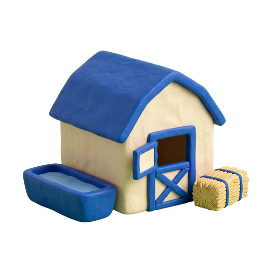 Horse boarding stable illustration in blue and ivory clay