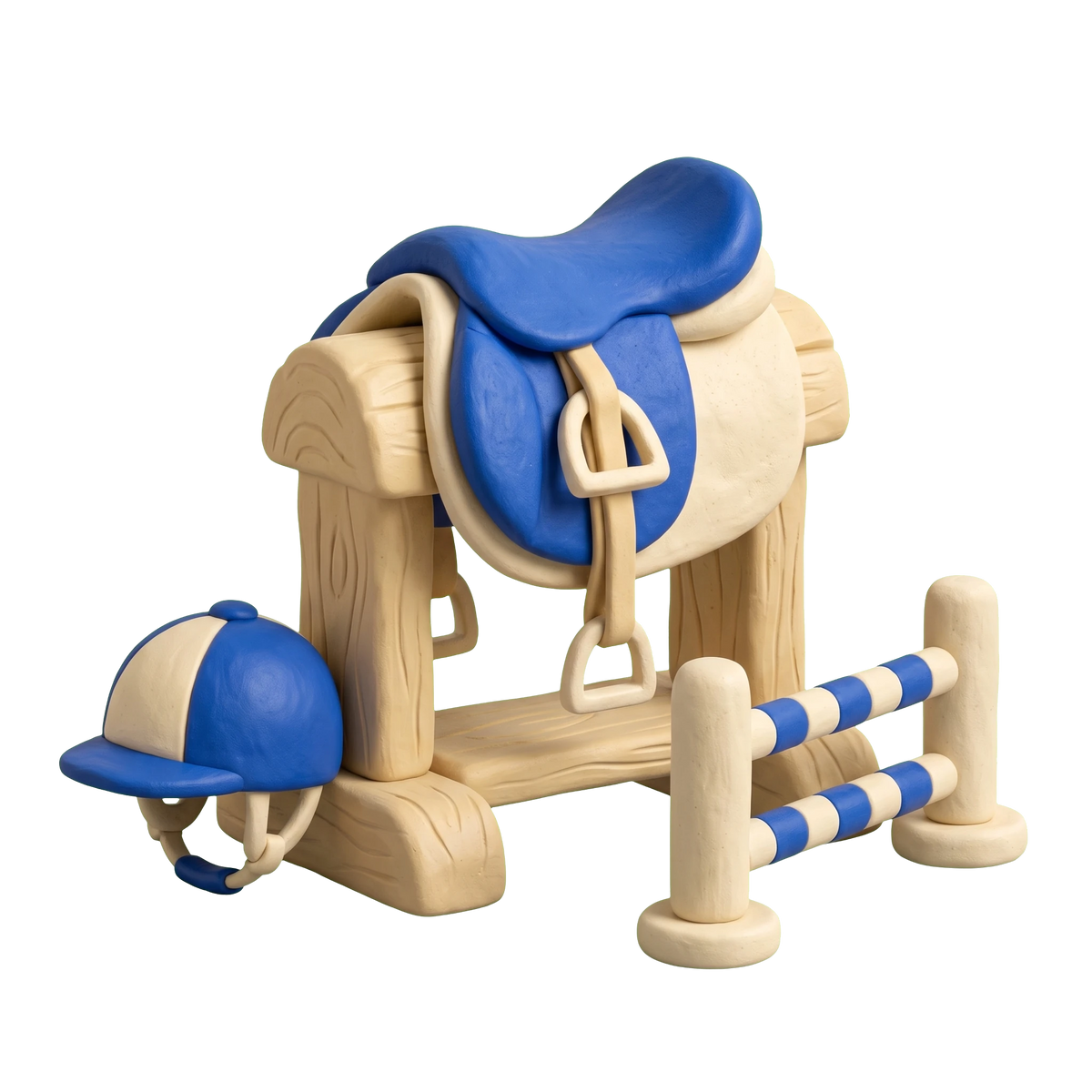 Horse riding school illustration in blue and ivory clay