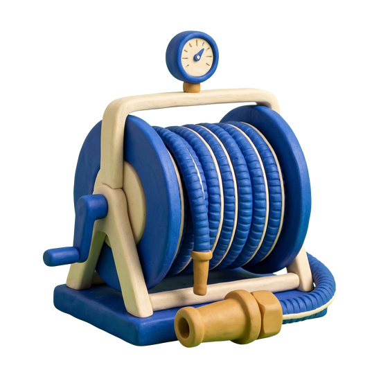 Hose supplier illustration in blue and ivory clay