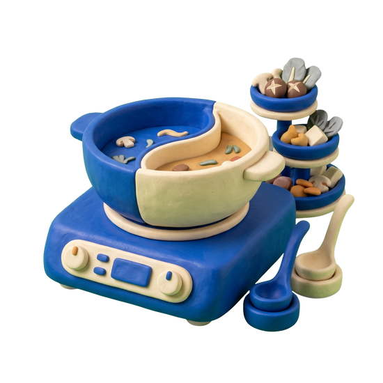 Hot pot restaurant illustration in blue and ivory clay