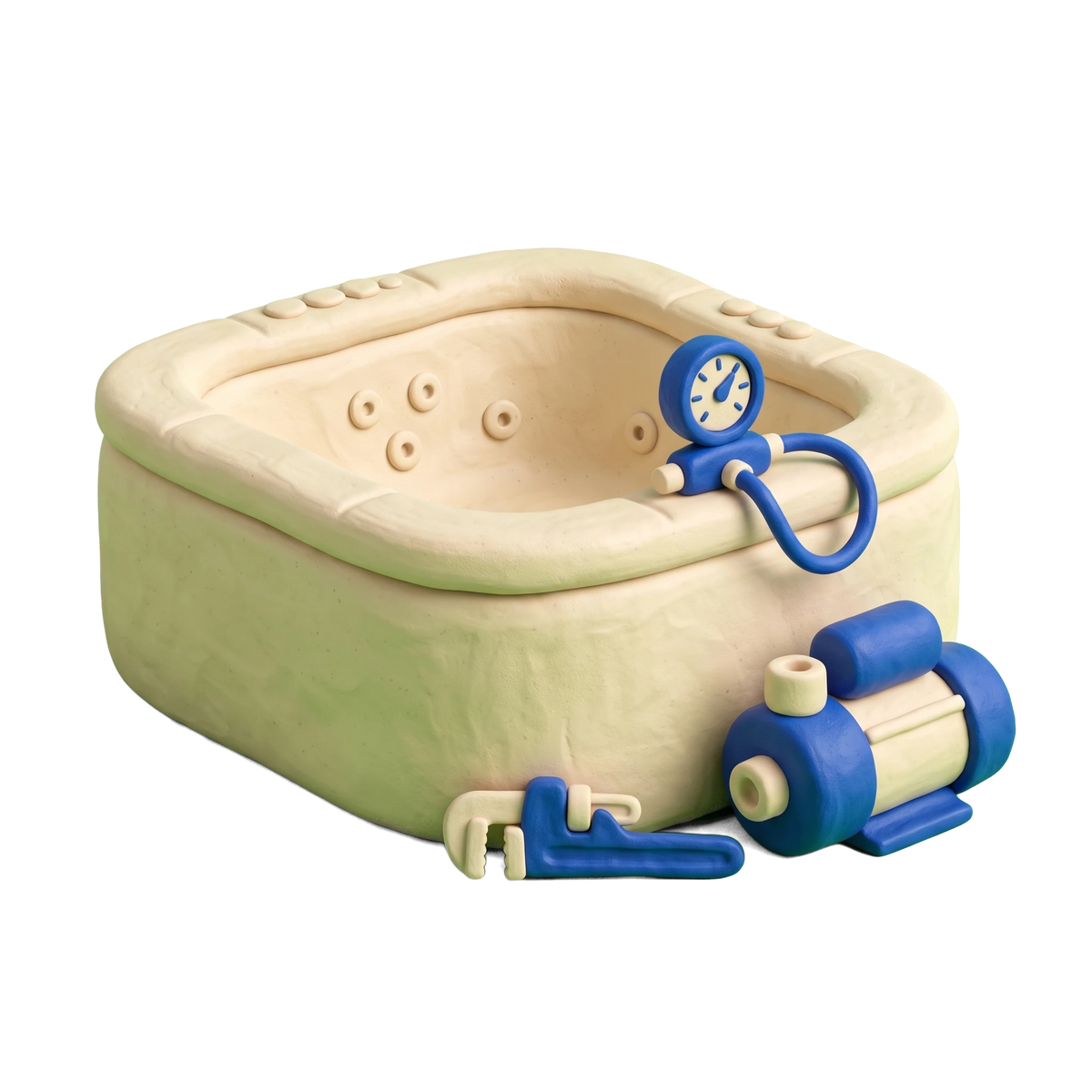 Hot tub repair service illustration in blue and ivory clay