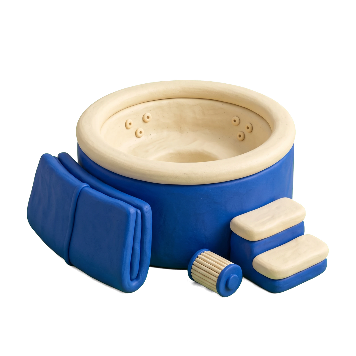 Hot tub store illustration in blue and ivory clay
