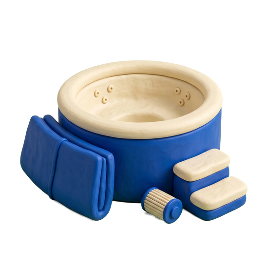 Hot tub store illustration in blue and ivory clay