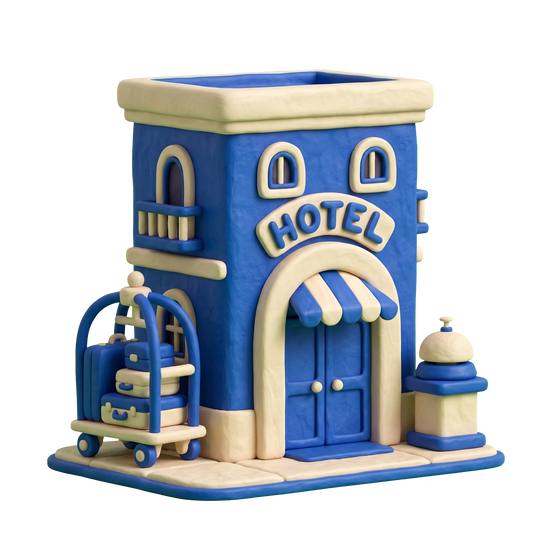 Hotel illustration in blue and ivory clay