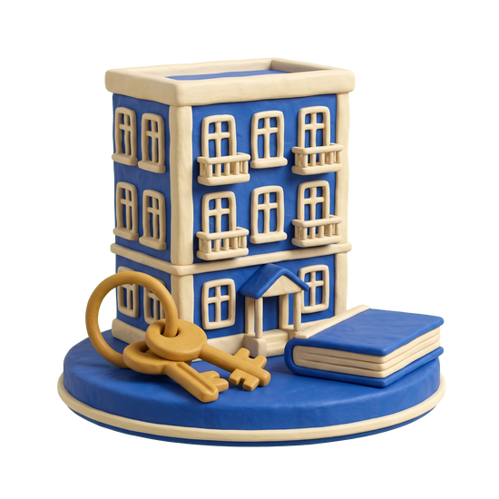 Housing cooperative illustration in blue and ivory clay