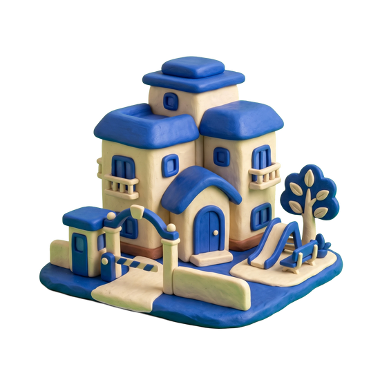 Housing society illustration in blue and ivory clay
