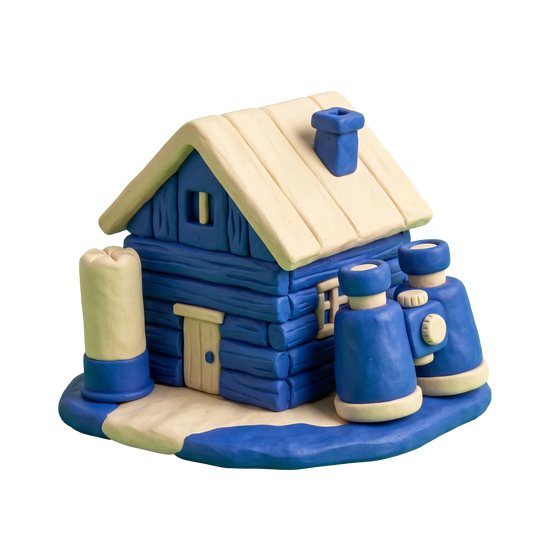Hunting preserve illustration in blue and ivory clay