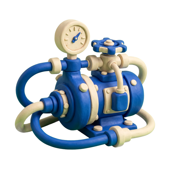 Hydraulic equipment supplier illustration in blue and ivory clay