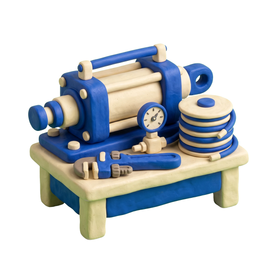 Hydraulic repair service illustration in blue and ivory clay