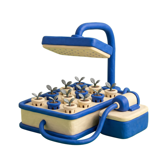 Hydroponics equipment supplier illustration in blue and ivory clay