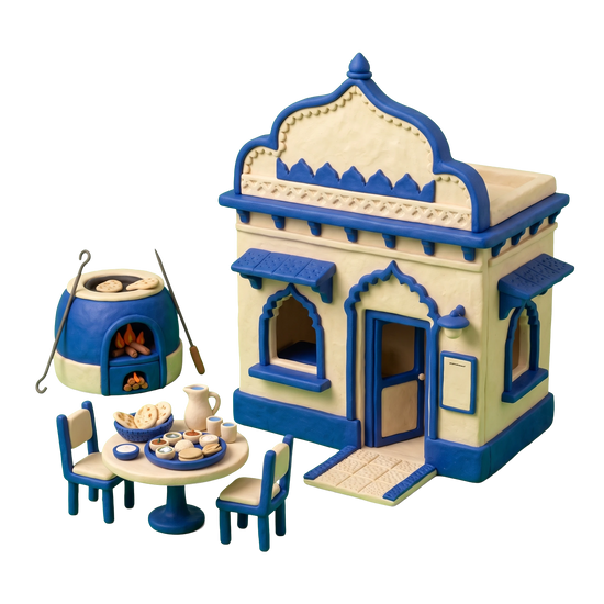 Indian restaurant illustration in blue and ivory clay