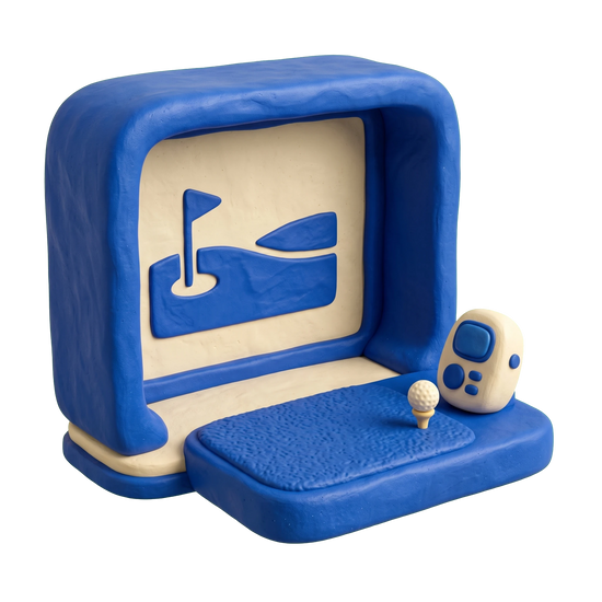 Indoor golf course illustration in blue and ivory clay