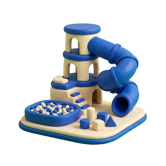 Indoor playground illustration in blue and ivory clay