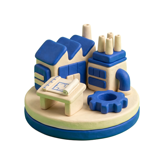 Industrial consultant illustration in blue and ivory clay