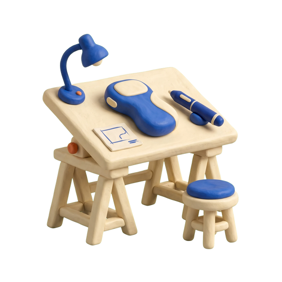 Industrial design company illustration in blue and ivory clay