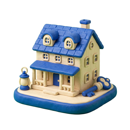 Inn illustration in blue and ivory clay