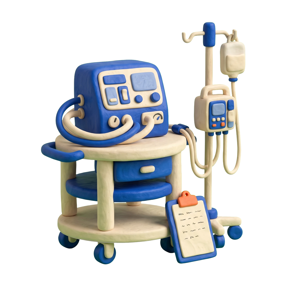 Intensivist illustration in blue and ivory clay