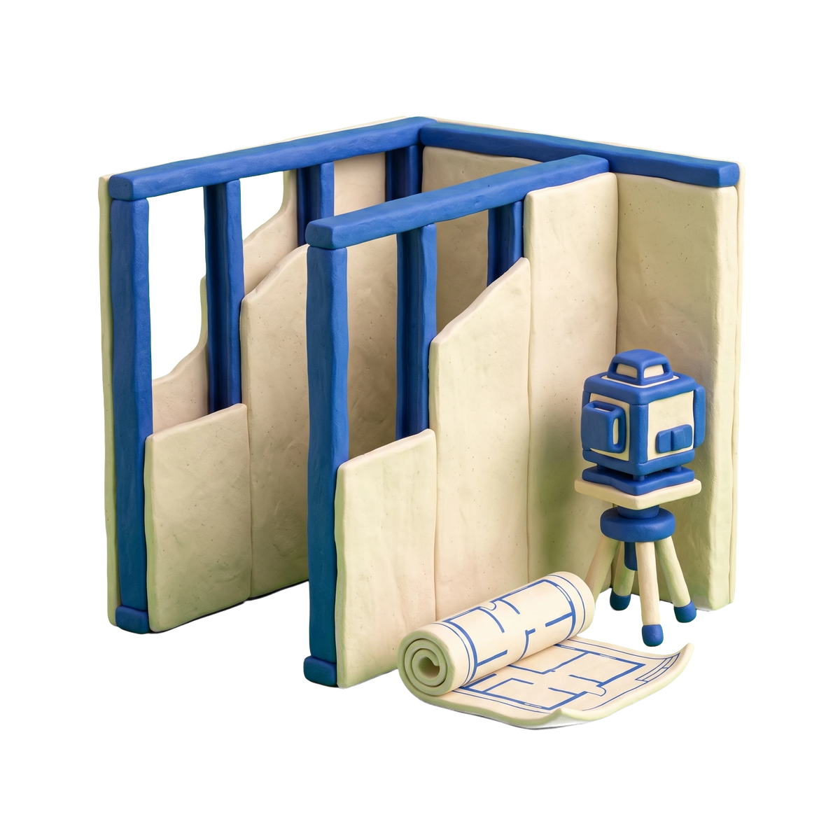 Interior construction contractor illustration in blue and ivory clay