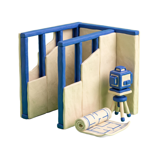 Interior construction contractor illustration in blue and ivory clay