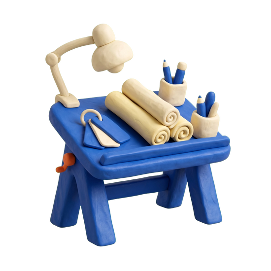 Interior Decorator illustration in blue and ivory clay