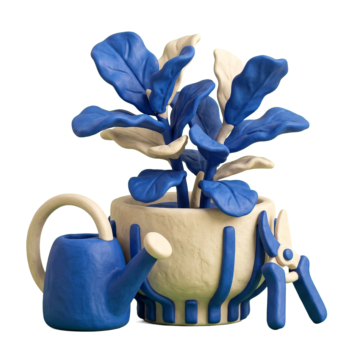 Interior plant service illustration in blue and ivory clay
