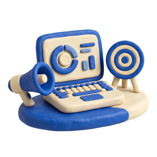 Internet marketing service illustration in blue and ivory clay
