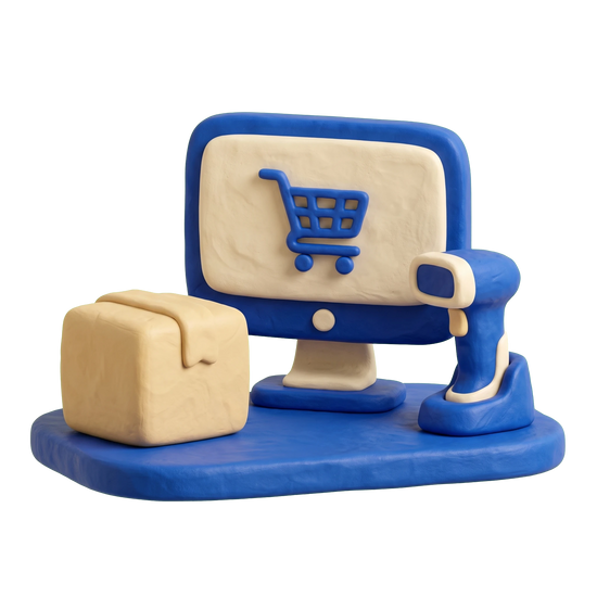 Internet shop illustration in blue and ivory clay